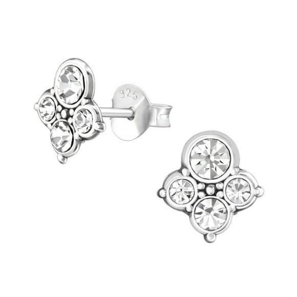 Sterling Silver Antique Style Cluster Stud Earrings with Crystals - Picture 1 of 10